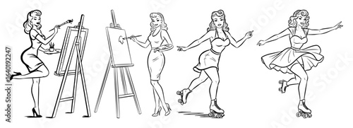 retro pin up girls set with painter and roller skater vector black illustration shape for laser cutting and engraving