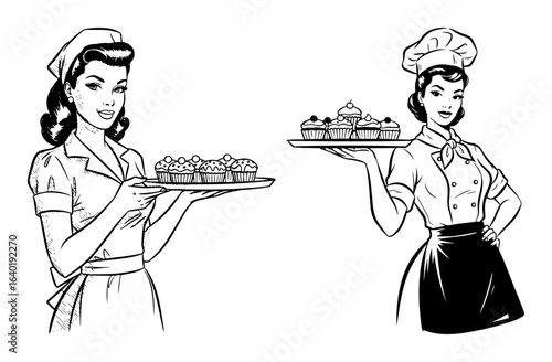 pin up waitress and chef girl with cupcakes retro characters vector black illustration shape for laser cutting and engraving