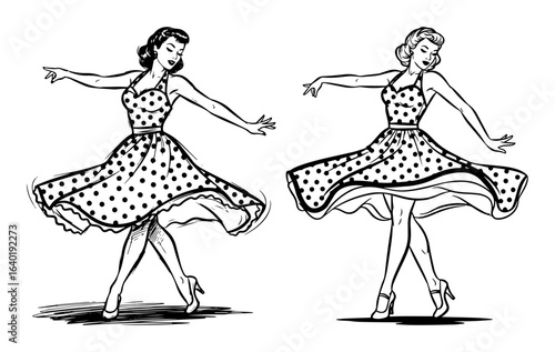 dancing pin up girl in polka dot dress retro 1950s style vector black illustration shape for laser cutting and engraving
