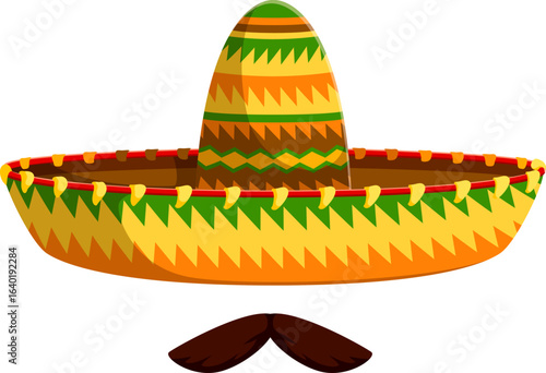 Mexican mariachi sombrero hat with mustaches for holiday fiesta, cartoon vector. Mexican charro or mariachi sombrero with mustaches and Latin ornament for Mexico culture and tradition symbol