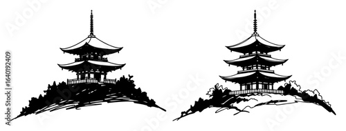 japanese pagoda on a hill traditional asian temple vector black illustration shape for laser cutting and engraving