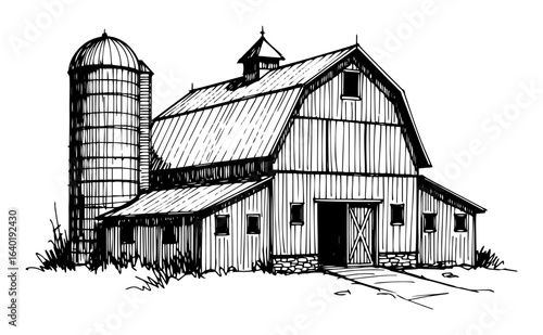 rustic wooden barn with silo farm building vector illustration