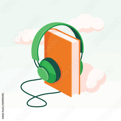 Green headphones resting on an orange book with a light background