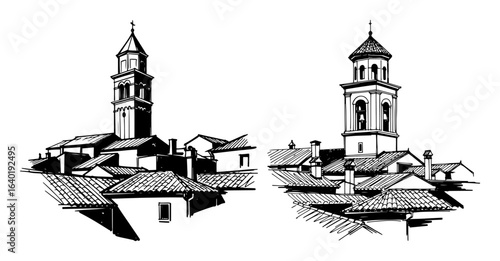 Foto rooftop town with church tower sketch line art