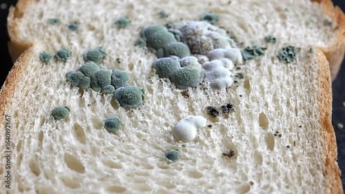 A slice of white bread is heavily infested with various species of mold showcasing different stages of growth and coloration