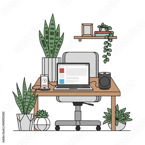 Modern home office workspace with laptop, phone charging, and indoor plants creating a stylish, productive, and eco-friendly remote work environment