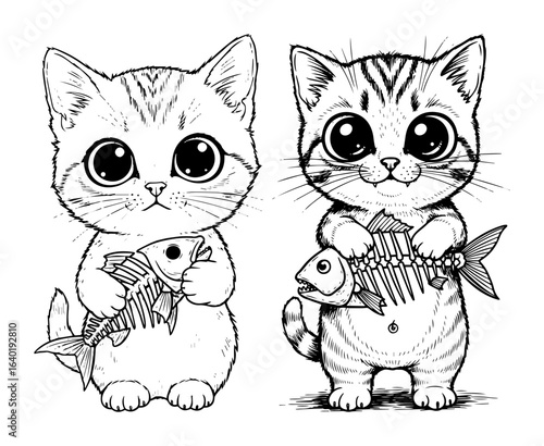 cute kittens holding fish bones cartoon vector characters