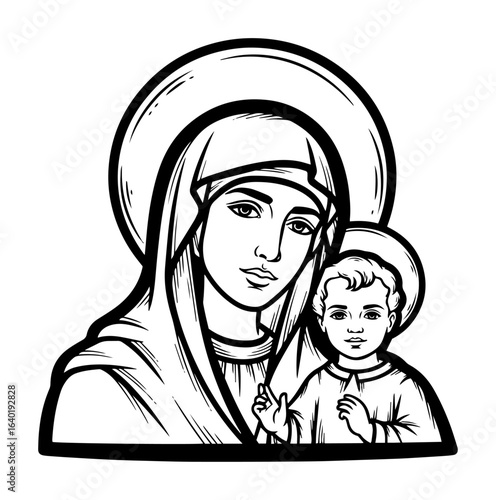 virgin mary and baby jesus madonna and child christian icon vector black illustration shape for laser cutting and engraving
