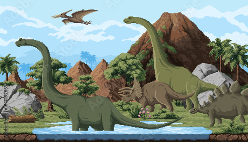 8bit pixel art game with prehistoric dinosaurs in Jurassic jungle landscape, vector background. Prehistoric dinosaurs, lizards and reptiles with volcano and lake in cartoon 8 bit pixel landscape