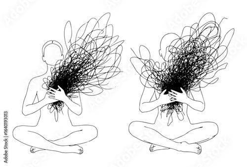 person with tangled chaos in chest mental health concept vector black illustration shape for laser cutting and engraving