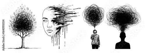 mental health abstract concepts with tangled thoughts set vector black illustration shape for laser cutting and engraving