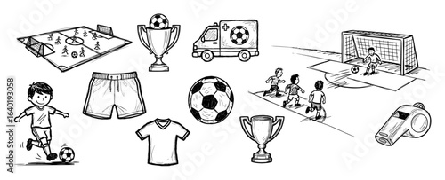 large soccer and football doodle vector icon set