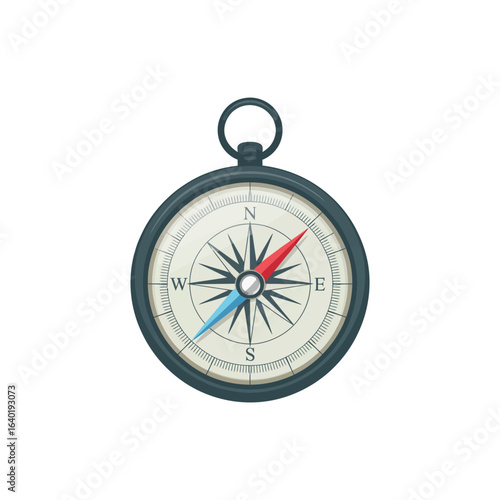 Vintage brass compass with red and blue needle on white background