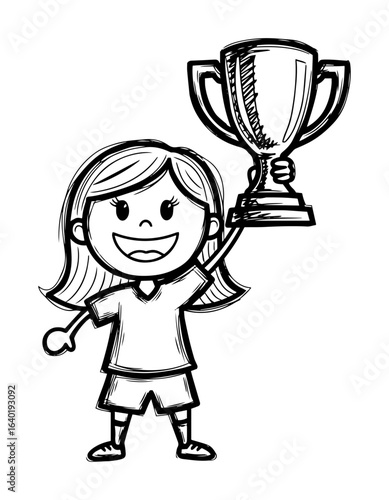 happy girl holding soccer trophy sketch