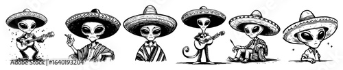 cute aliens wearing mexican sombreros sketch