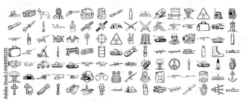 war and military hand drawn sketch icon set