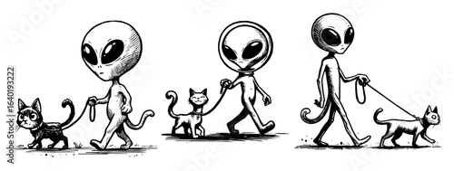 aliens walking pet cats funny sketch