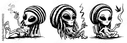 rasta aliens smoking weed sketch illustration