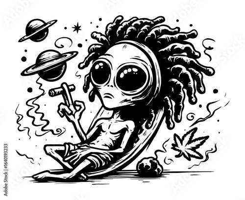 stoned alien with dreadlocks smoking joint