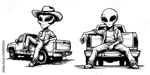 aliens sitting on pickup truck in cowboy hats