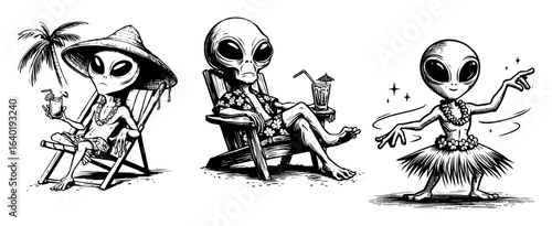 funny aliens on tropical beach vacation