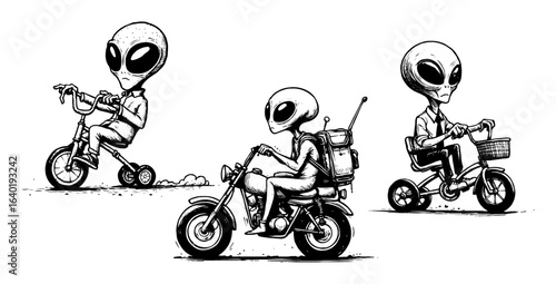 aliens riding small bikes in sketch style