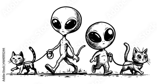 cute aliens walking cats in sketch style