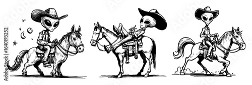 cowboy aliens riding horses illustration