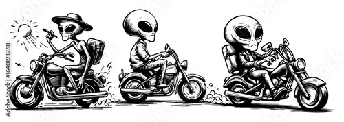 funny alien bikers on motorcycles vector character set
