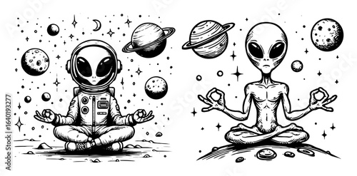 meditating alien and astronaut in space vector set