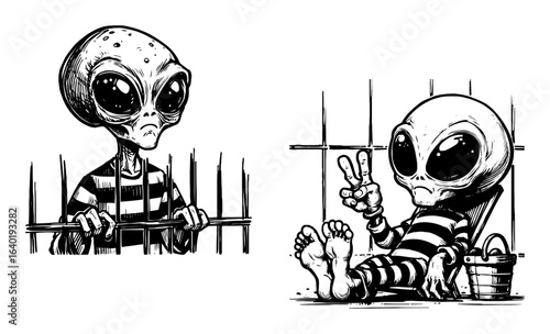 funny alien prisoner in jail cartoon vector illustration
