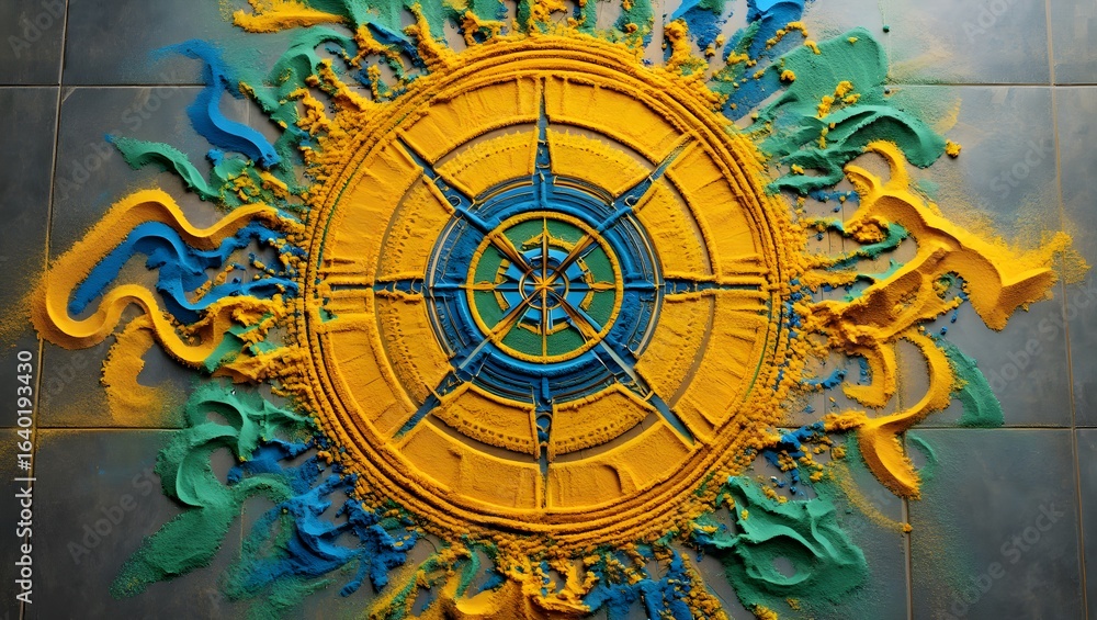 Obraz premium Overhead View of Disrupted Colored Sand Mandala in Vibrant Pigments