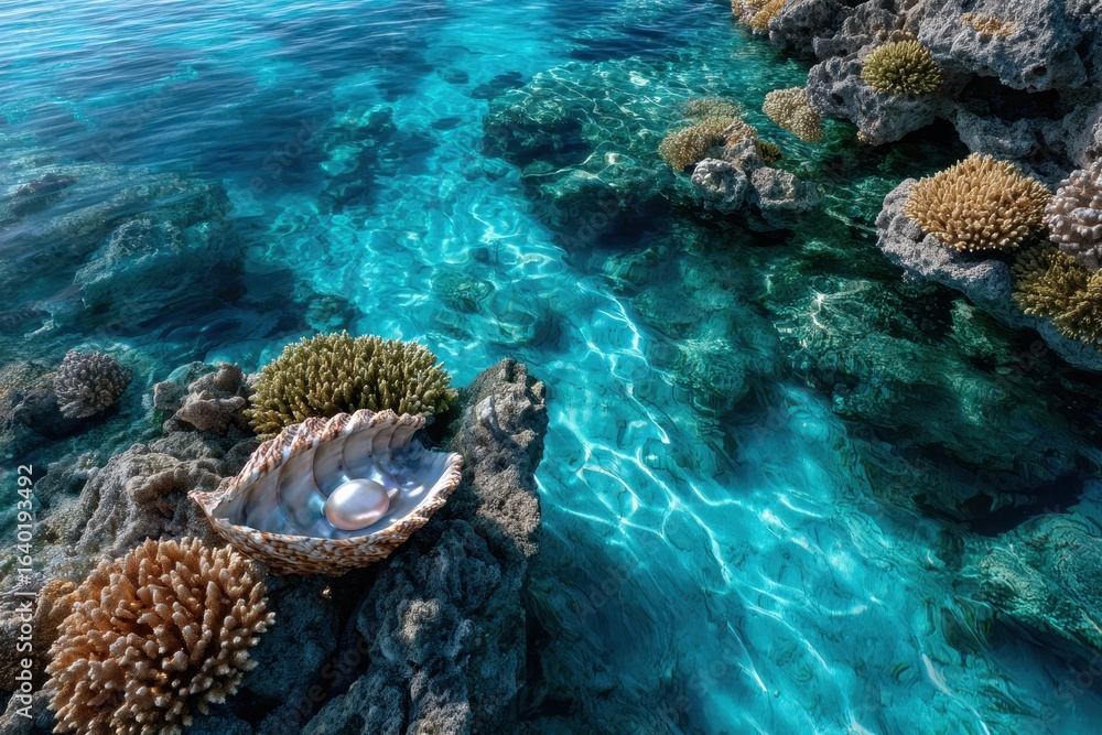 Naklejka premium Ocean Treasure A Pearl Rests In A Shell Amongst Vibrant Coral Reefs
