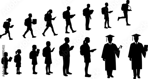 Student silhouettes vector illustration showing education journey from school to graduation day design
