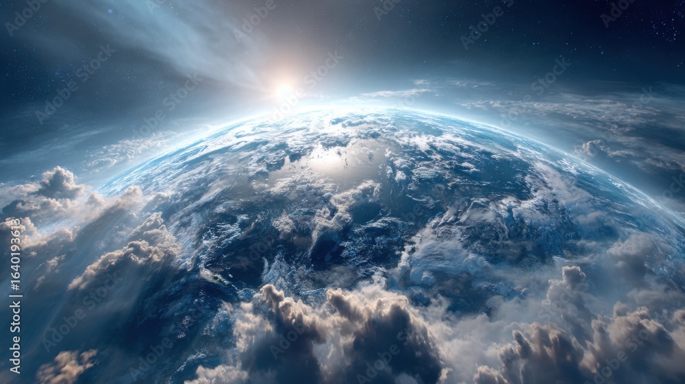Naklejka premium A breathtaking view of Earth taken from space showcases the planet's vibrant blues and whites with clouds reflecting sunlight at twilight. The vastness of space surrounds this beautiful sight.