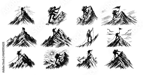 hand drawn mountain climbers vector icon set