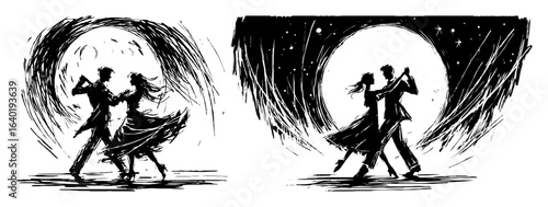 moonlight dancing couple silhouette vector set