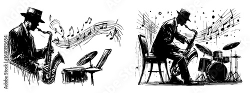 jazz saxophone player music band vector sketch
