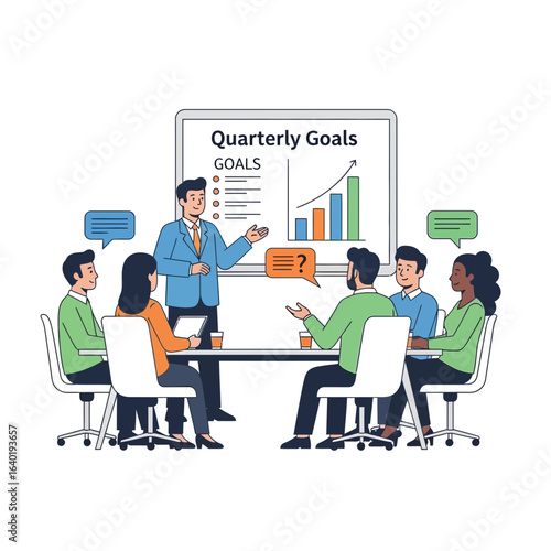Engaging business meeting showcasing quarterly goals for team success, fostering collaboration and driving growth with insightful presentations and dynamic discussions, a modern workspace