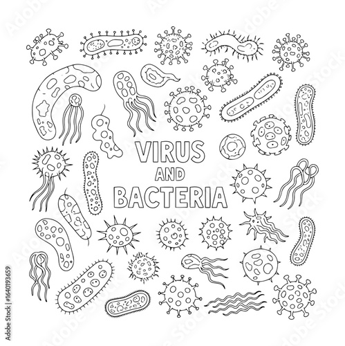 virus and bacteria doodle set vector biology icons