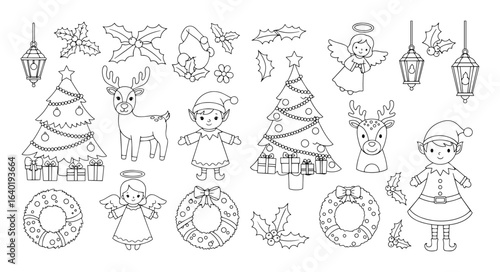 cute christmas doodles for coloring vector icon set
