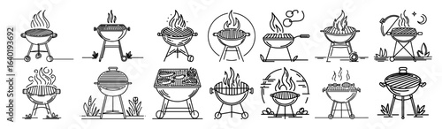 bbq grill doodle set charcoal barbecue icons vector black illustration shape for laser cutting and engraving