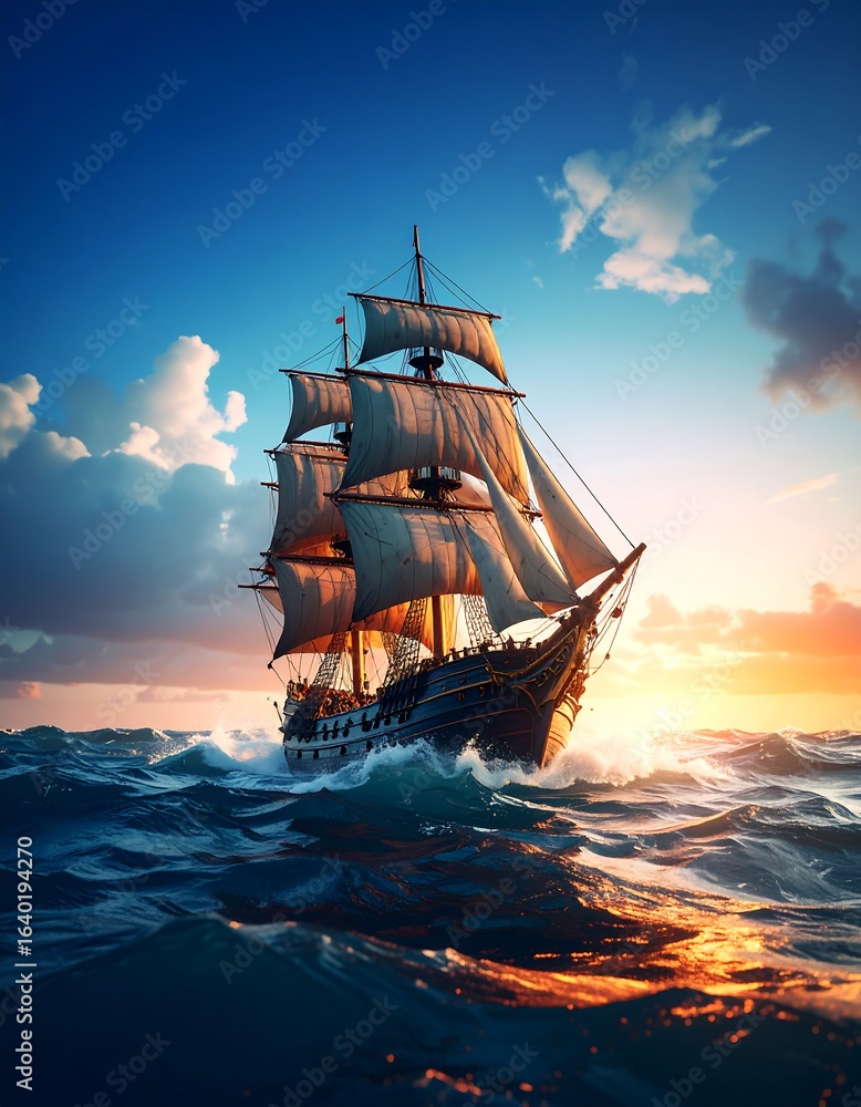 Fototapeta premium A majestic sailing ship at sunset (3)