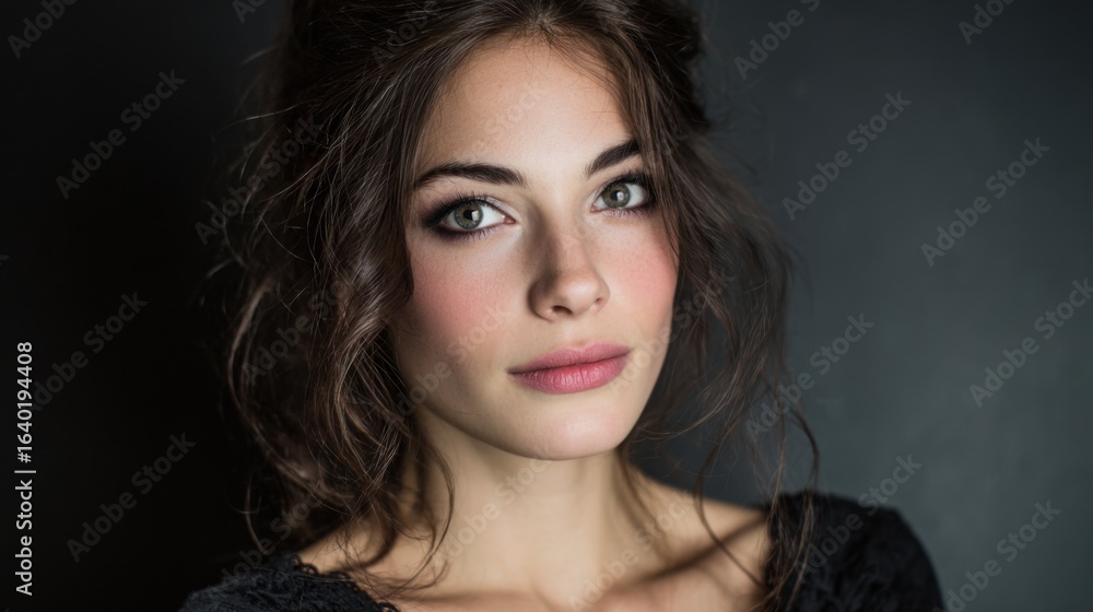 Naklejka premium A young woman showcases her expressive green eyes and natural beauty while posing against a dark backdrop, exuding elegance and confidence. Her wavy hair frames her face softly.