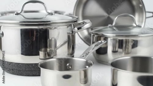 An arrangement of stainless steel cookware including pots pans and lids