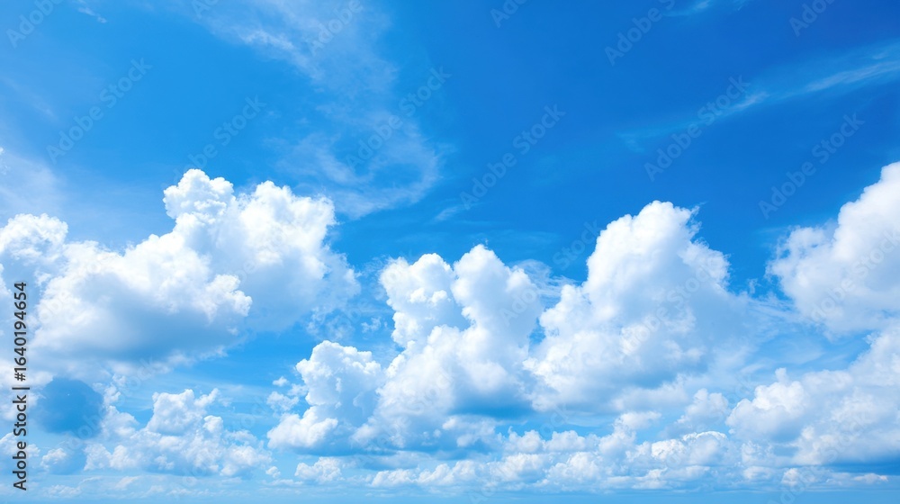 Fototapeta premium Fluffy white clouds drift across a vivid blue sky on a bright sunny day. The tranquil atmosphere creates a sense of peace and openness in the vast expanse above.