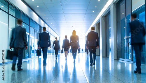 Business professionals walking down modern hallway