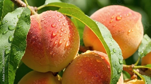 Closeup of peaches on branch covered in dew amidst green leaves