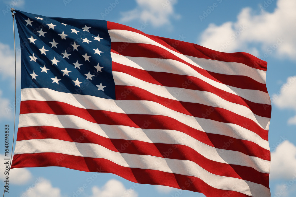 Fototapeta premium Waving American Flag Against Blue Sky - Photo