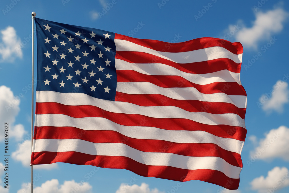 Fototapeta premium American Flag Waving Against Blue Sky - Photo